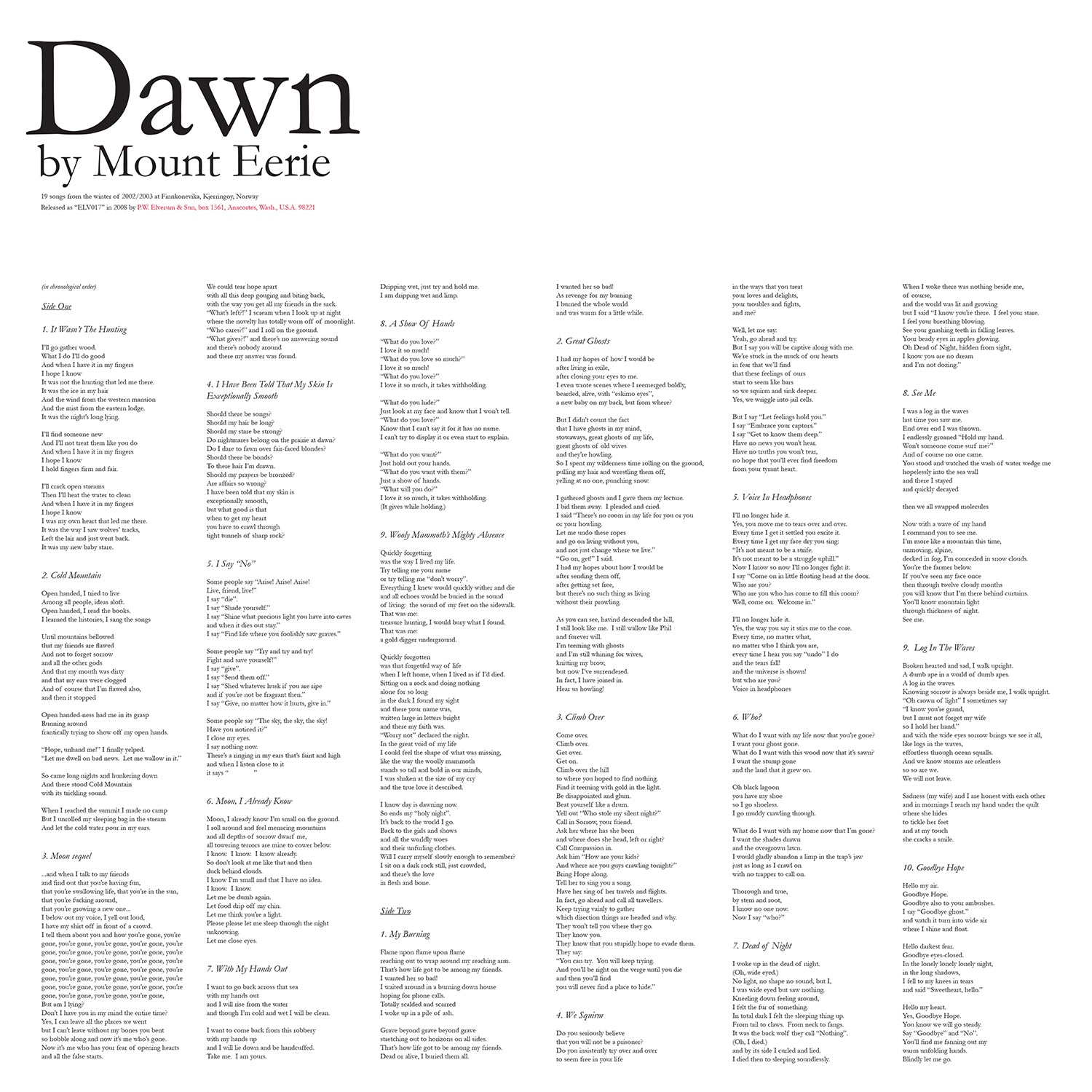 Dawn by Mount Eerie (LP) – P.W. Elverum & Sun